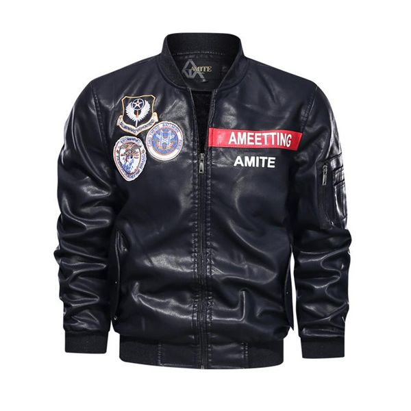 

men's pu leather jacket motorcycle classic biker casual fashion stand collar baseball coat fur & faux, Black