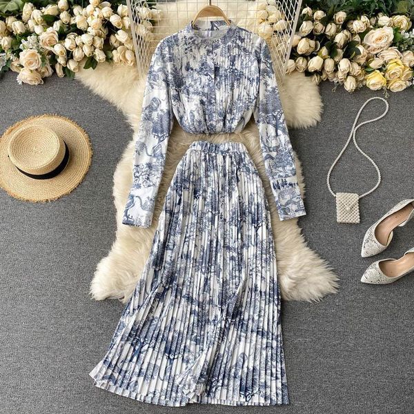 

singrain autumn design print womens dresses ruched set o neck long sleeve blouses elastic high waist midi regular skirt, White
