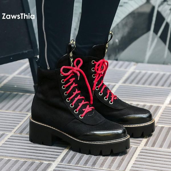 

boots zawsthia large size 34-43 round toe platform winter and spring women shoes lace up motorcyle casual ankle, Black