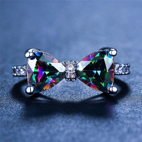

wedding rings cute female big bowknot zircon stone ring simple purple blue red rainbow rose gold love engagement for women, Slivery;golden