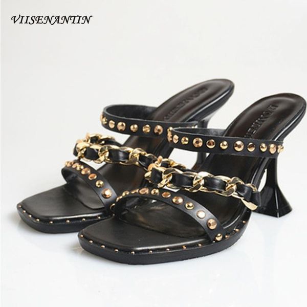 

slippers personalized fashion rivet metal chain open-toe sandals and summer leather stiletto high-heel roman, Black