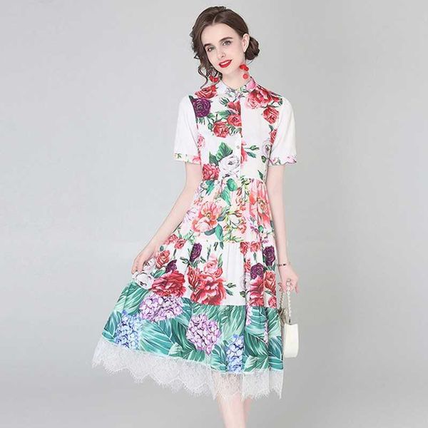 Летние мода женщины праздник пляжное платье с коротким рукавом роза цветок напечатаны богемное кружевное платье Vestidos 210531