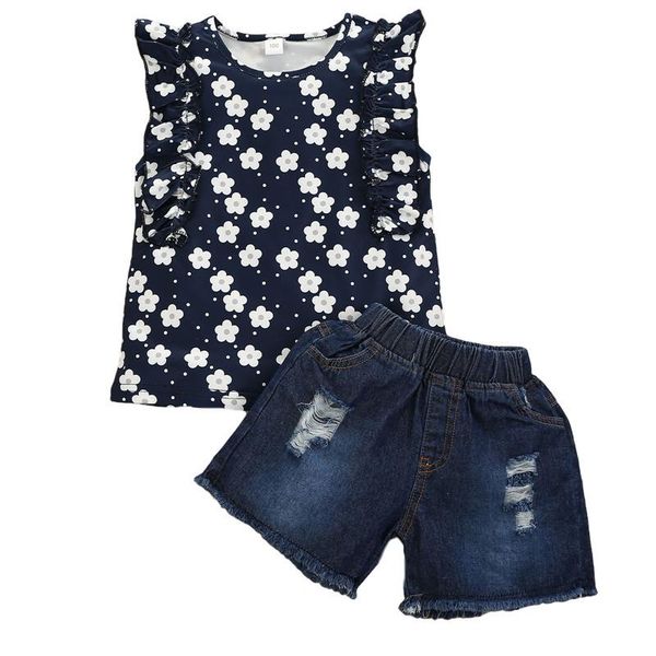

2pcs girls summer toddlers girl clothes floral printing sleeveless round collar denim shorts outfit children's sets clothing, White