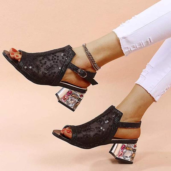 

heels designer summer woman sandal gold open toe lace dress shoes womens diamond square heeled pumps sandals thick with fish mouth after whi, Black