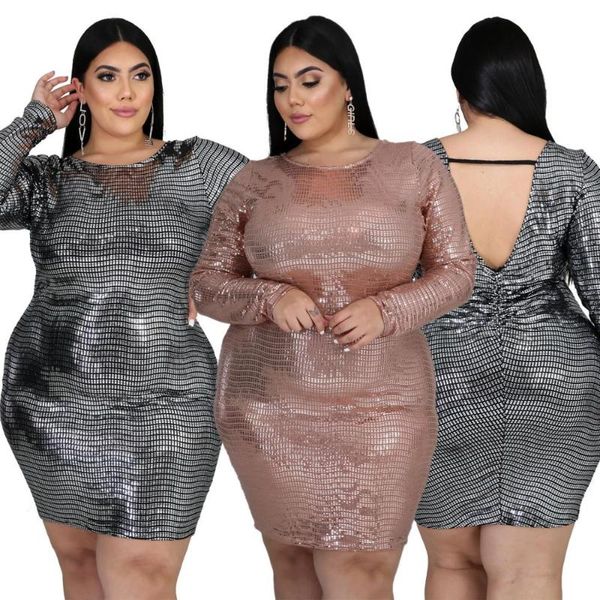 

nightclub style women bodycon dress oversize xl-5xl female's o-neck long sleeve backless pleated sequins mini dresses party casual, Black;gray