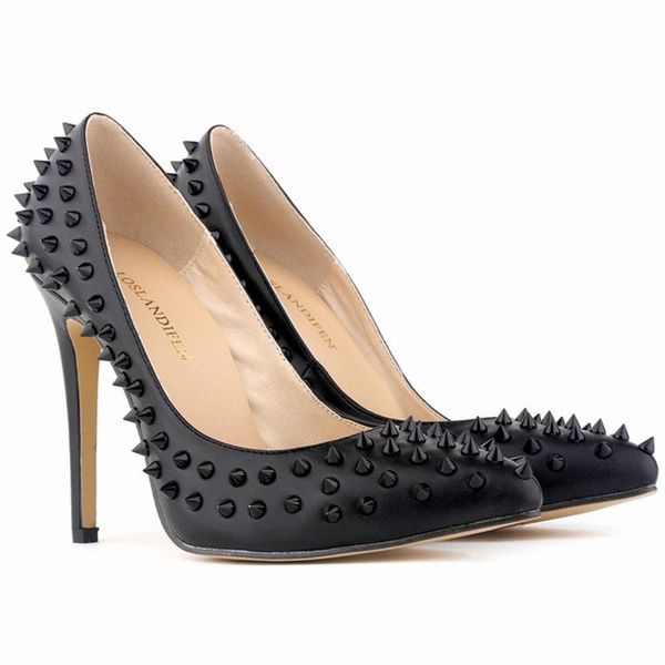 

dress shoes 11cm personality rivet design women pumps patent leather pointed ladies high heels pu candy color stilettos party wedding, Black