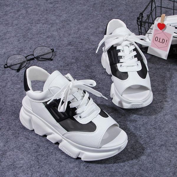 

dress shoes sandals women 2021 fashion lace-up open toe women's korean casual mesh thick bottom breathable ga-35, Black