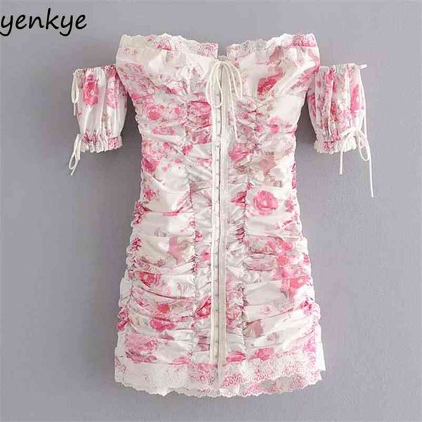 

off shoulder draped bodycon mini dress women floral print strapless romantic party dresses short sleeve summer vestido 210331, Black;gray