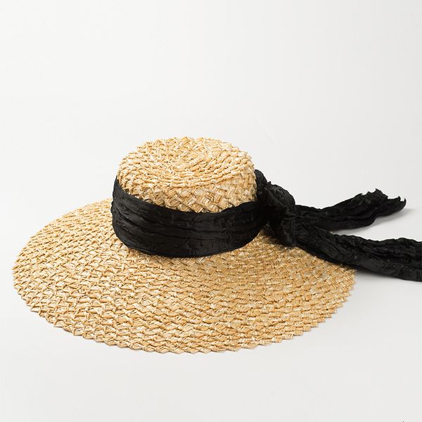 

fashion big hat bow decorative lace straw basin type eaves outdoor beach sun protection, Blue;gray