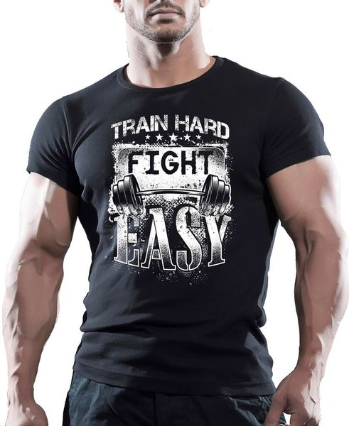 

Train Hard Fight Easy - Bodybuilding Motivation Gym T Shirt Muscle Top Workout, White;black