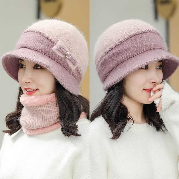

female winter scarf set warm knitted rabbit hair hat outdoor cycling cold bib hat wind proof ear cap, Blue;gray