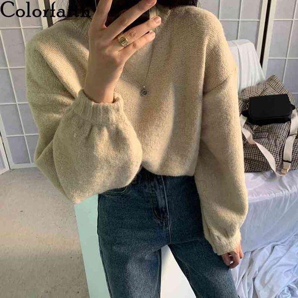 

colorfaith new autumn winter women's sweaters puff sleeve elegant korean oversize vintage knitted ladies jumpers sw16237 210413, White;black