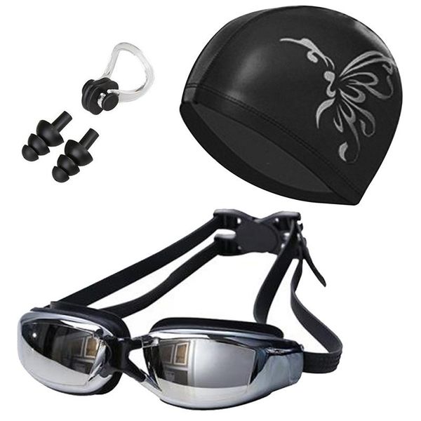 

swimming cap 3 in 1 goggles + nose clip earplug combination kit waterproof caps