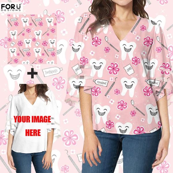 

women's blouses & shirts forudesigns v neck mesh panel blouse 3/4 bell sleeve chiffon sheer patchwork loose shirt custom design 3d pri, White