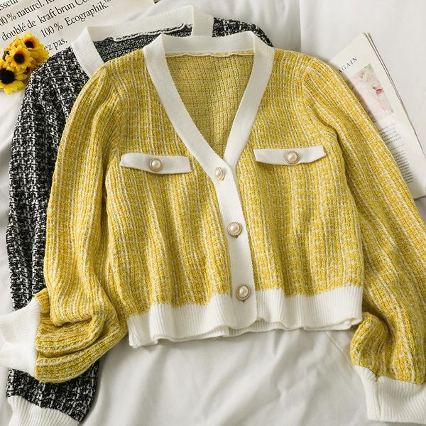 

women's knits & tees sueters de mujer autumn retro single-breasted plaid sweater v neck long sleeve contrast cardigan crop wild fashio, White