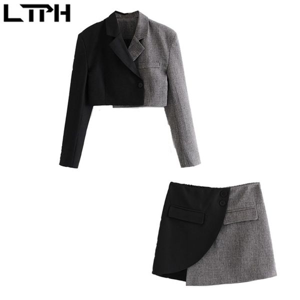 

ltph england style women skirts suits vintage patchwork short blazer outfits high waist irregular skirt set spring 210423, White;black