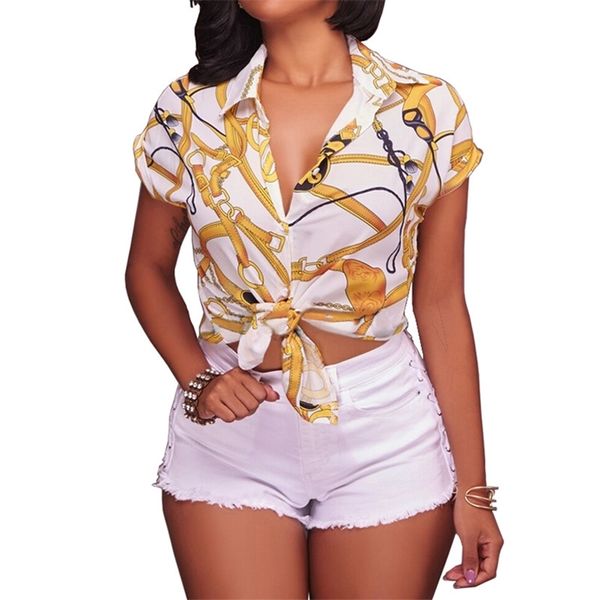 Damen Tops und Blusen Sommer Casual Kurzarm Kette Print Bluse Shirt Elegante Damen Tunika Blusas Mujer S-XL 210719