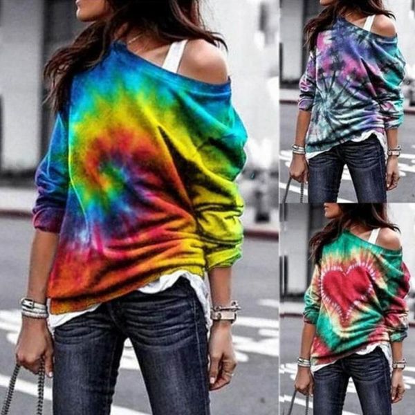 

women's hoodies & sweatshirts fashion women casual tie-dye pullovers printed off the shoulder long sleeves sweatshirt blouse plus, Black