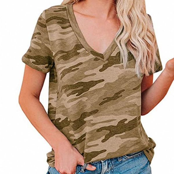 

women's t-shirt summer women t shirt short-sleeved camouflage printed v-neck casual top, White