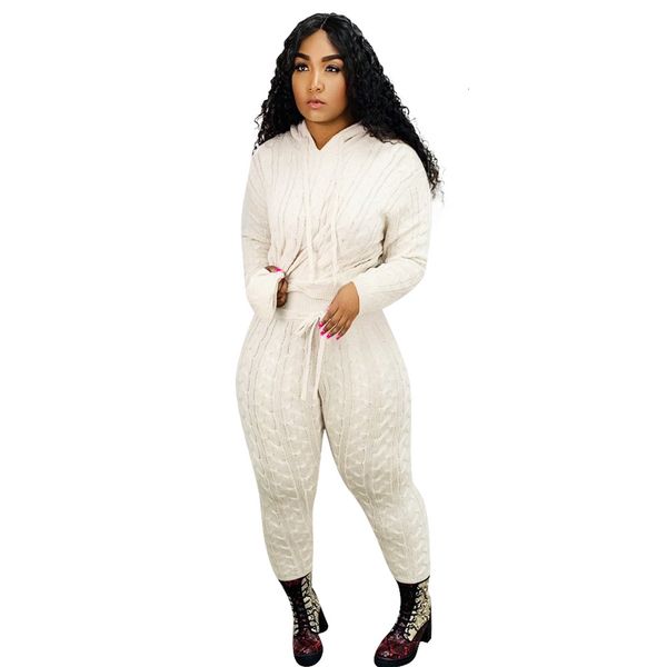 

fashion women twist knitted sets fall winter hooded long sleeves sweaters ny pants casual daily two piece outfits, White
