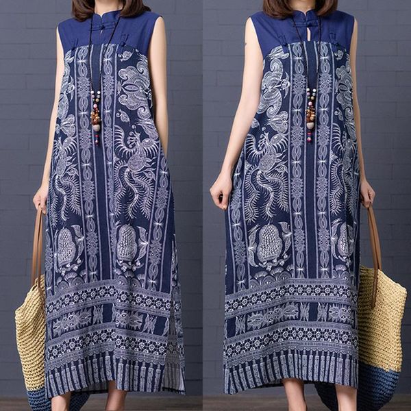 

womail women floral printed loose dress cotton linen o-neck sleeveless plus size casual long 2021 vintage dresses, Black;gray