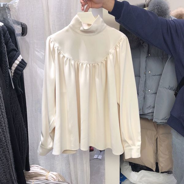 

spring new fashion french style pleated turtleneck white satin full shirt womens 210421