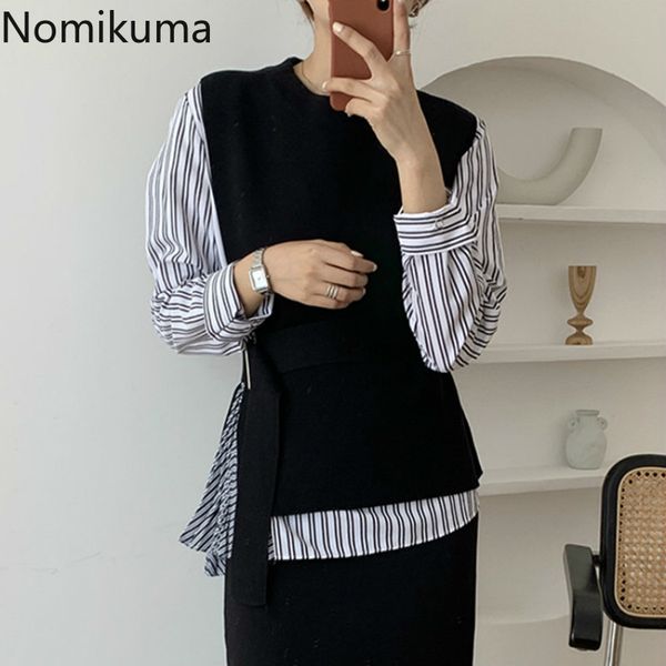 

nomikuma korea women 2piece blouse sets striped long sleeve blouses shirt + lace up slim waist o-neck knitted vest suits 6c890 210427, White