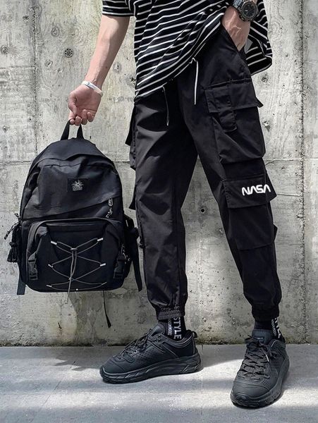 

men letter graphic flap pocket side cargo pants a99z#, Black