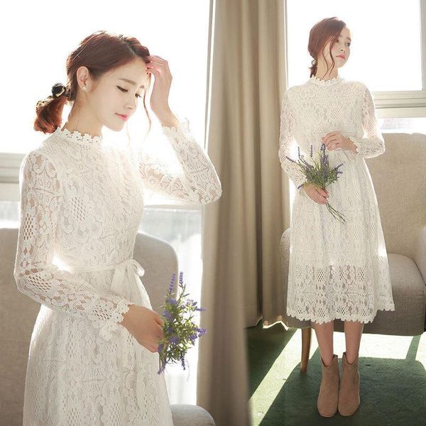 

casual dresses 2021 lace women long dress spring summer elegant party with belt white woman vacation wear vestidos, Black;gray