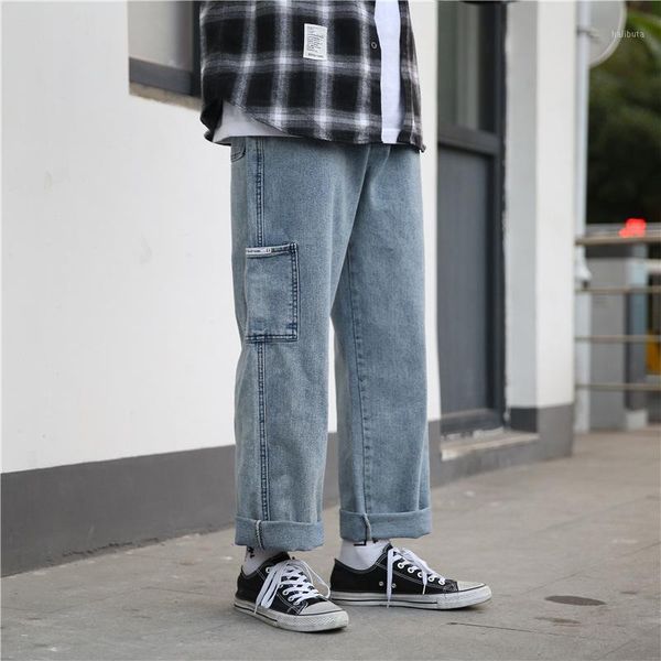 

men's jeans spring and autumn 2021 fashion casual korean loose pockets wide leg pants male daddy student straight trousers, Blue