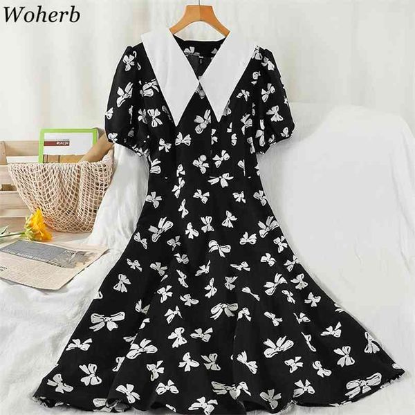 Bowknot impresso vestido mulheres verão vintage elegante vestidos coreano chique robe temperamento manga curta midi vestidos 210519