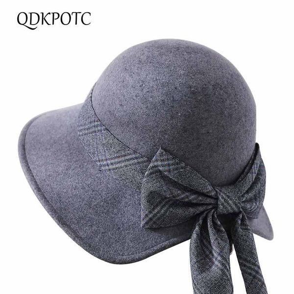 

stingy brim hats qdkpotc 2021 brand quality female fedoras bow ribbon wool felt hat personality design bucket er autumn winter women, Blue;gray