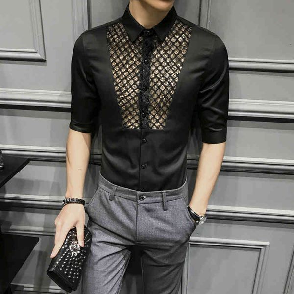 

men's casual shirts summer camisa masculina nigth club social fashion lace man dress designer slim fit half sleeve atho, White;black
