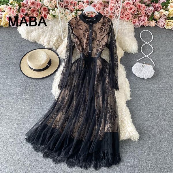 

casual dresses lace maxi dress women's o-neck long sleeve hook flower hollow slim black elegant vestidos autumn 2021, Black;gray