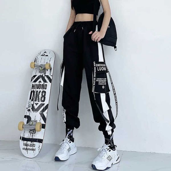 

women cargo pants high waist loose sport trousers streetwear clothing plus size casual pant elastic waist bottom 211006, Black;white