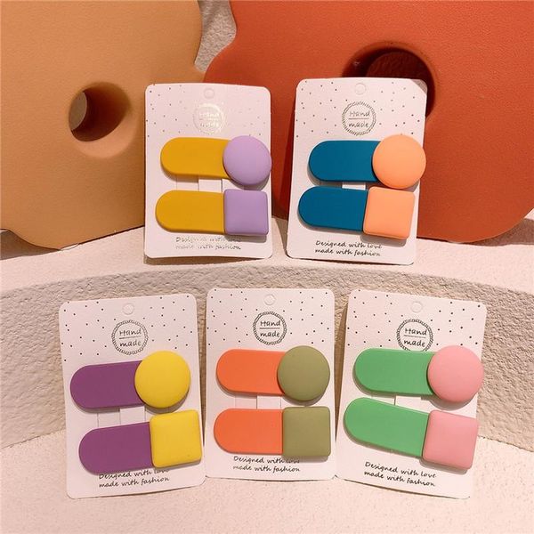 

hair accessories 2 pcs korean children's simple cute colorful round square bb clip fashion sweet girl princess hairpins, Slivery;white