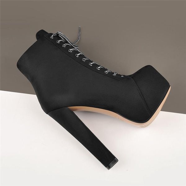 

onlymaker women's platform round toe short booties block chunky high heel lace up thick ankle boots plus size, Black