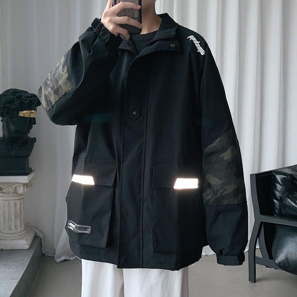 

men's jackets reflective strip cargo jacket men big pocket outerwear loose camouflage zipper coat fashion street clothing male plus siz, Black;brown