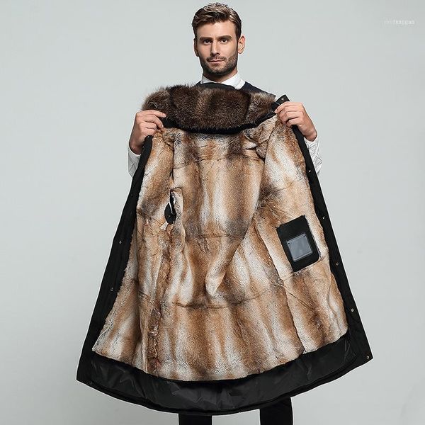 

men's leather & faux parkman north winter cold resistant warm american raccoon collar fur inner bladder thickened coat integrated coat1, Black