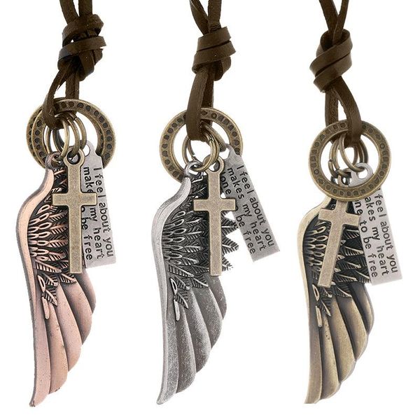 

chains necklace for man jewelry personality angel wing pendant cowhide adjustable simple long style, Silver