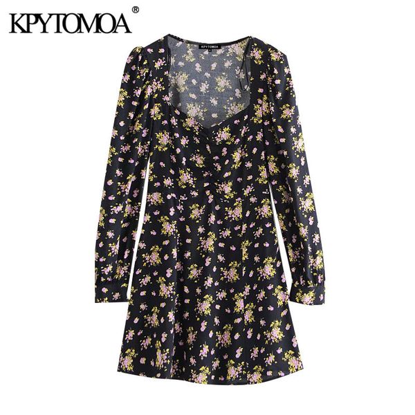 

women chic fashion floral print pleated mini dress vintage long sleeve side zipper female dresses vestidos mujer 210416, Black;gray