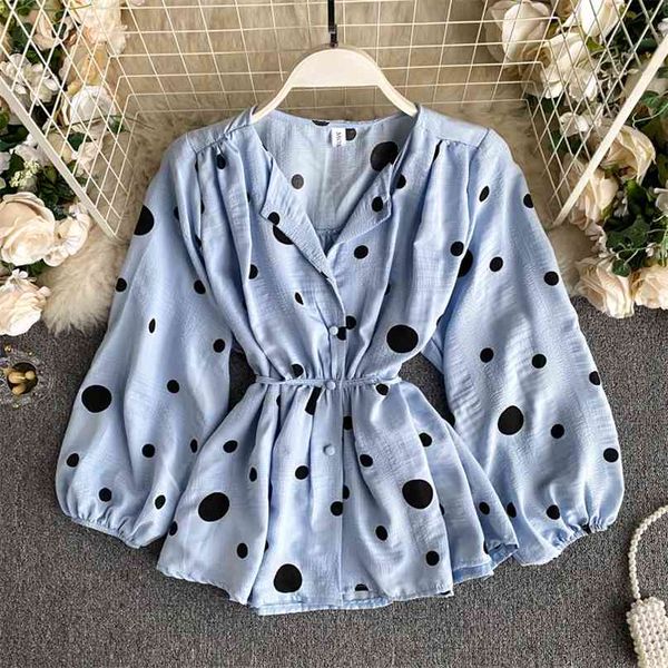 

v neck puff sleeve dot print blouse women elegant chiffon shirt vintage ladies button up slim waist casual spring 210603, White