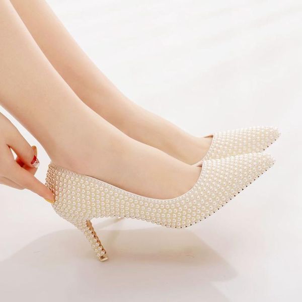 

dress shoes women's 7cm pumps beige handmade pearl wedding thin heel pointed toe high heels single shoe sweet princess bride, Black