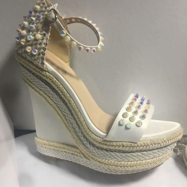 

sandals summer fashion super high platform wedge open toe straw braided rivets studed gladiator shoes white yfwb, Black
