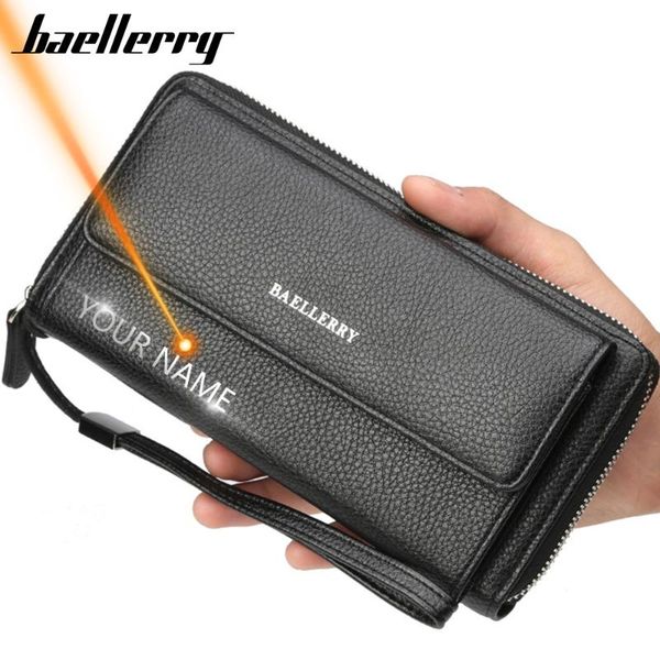 

name engraving pu leather men clutch wallets zipper large capacity hand strap wallet luxurious business solid male purses, Red;black