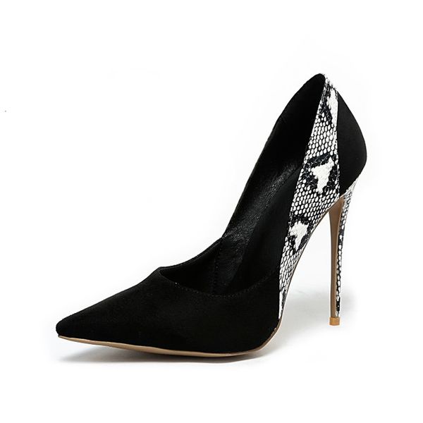 

dress shoes pointed toe stitching snake print ladies stiletto super high heels 12 cm 2021 party women's shoes 34-45, Black