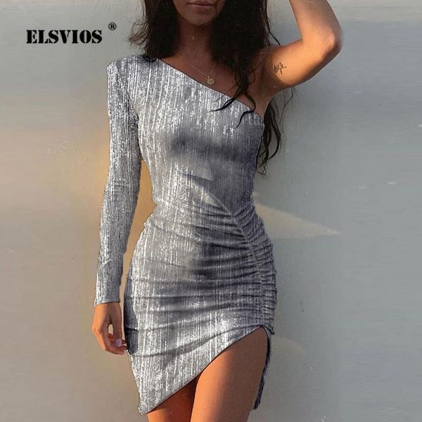 

autumn one shoulder slim pleated party dress women slash neck split bodycon femme elegant irregular mini casual dresses, Black;gray
