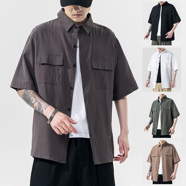 

men's casual shirts summer loose linen cotton short sleeve hawaiian shirt french cuff fashion streetwear camisa masculina -5xl h4, White;black