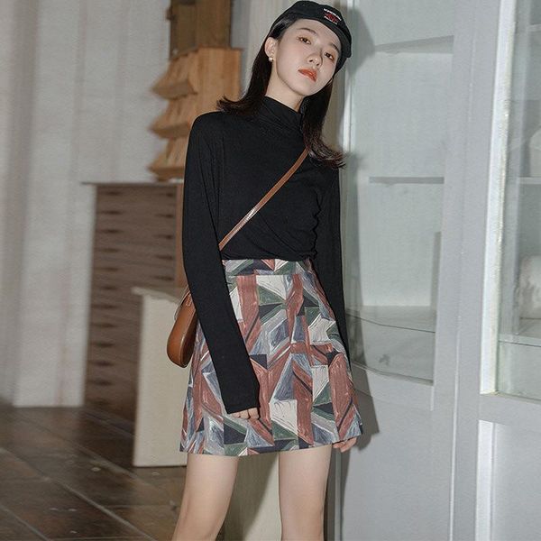 

abstract a-line skirt half length spring 2021 female student korean version retro printing bag hip skirts, Black