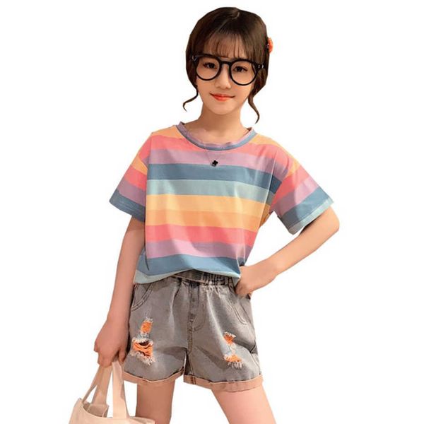 

clothes for girls rainbow tshirt + denim short clothing hole kids casual style children's tracksuit 210528, White